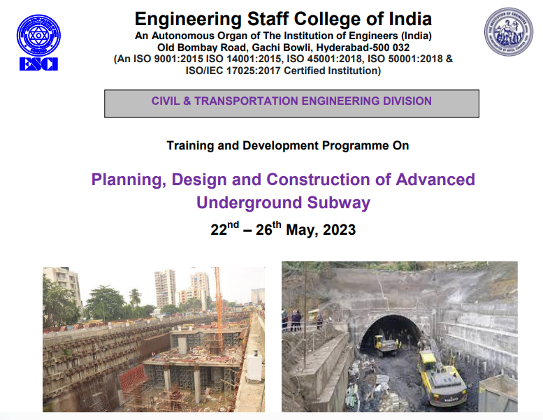 ESCIHyd's tweet photo. Training Programme on "Planning, Design and Construction of Advanced Underground Subway" from 22 - 26 May 2023
For more details please click on the link: 
https://t.co/PE8ll8GbDj
#trainingcourse #trainingprovider #training #escihyd #planning #designing #construction #Underground https://t.co/leqyotdPq1