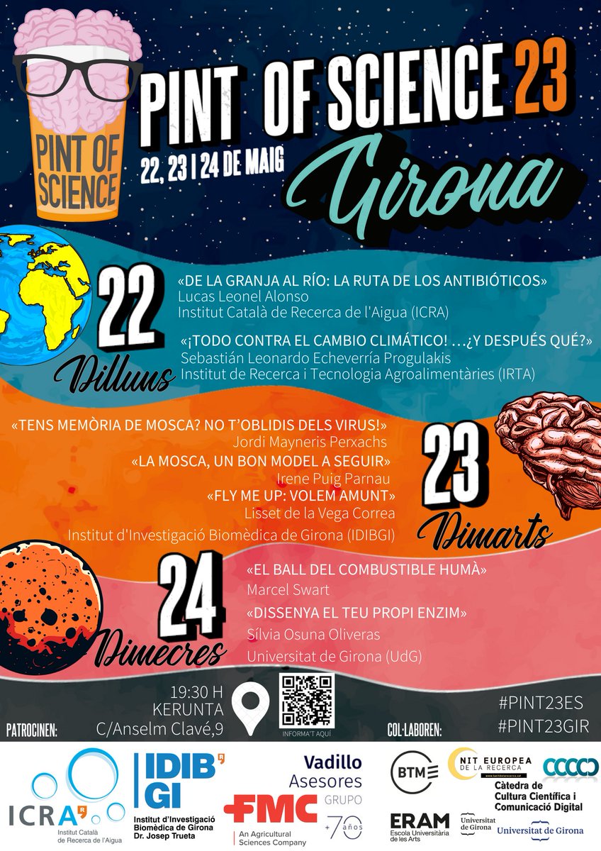 Girona7ciencia's tweet image. Anota't a l'agenda les teves sessions preferides @pintofscienceES  !!!
22-24 de Maig, 19:30h al #Kerunta #CuCut #Sbarjo
#PINT23GIR #PINT23ES #GironaInvestiga #GironaCiència
Patrocina: @IcraWater  @idibgi  @c4dudg @EUERAM  @btmsound
