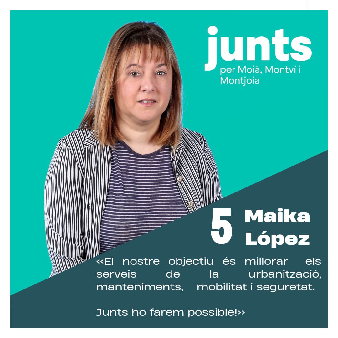 JuntsperMoia's tweet photo. 5. MAIKA LÓPEZ LIRIA

<<El nostre objectiu és millorar els serveis de les urbanitzacions, manteniments, mobilitat i seguretat. 

Junts ho farem possible!>>

Junts anem per feina!

#JUNTSfaremMOIÀ #anemperfeina #JUNTSconstruimMOIA #urbanitzacions #Montví #Montjoia #moia https://t.co/og5S5y5TnE