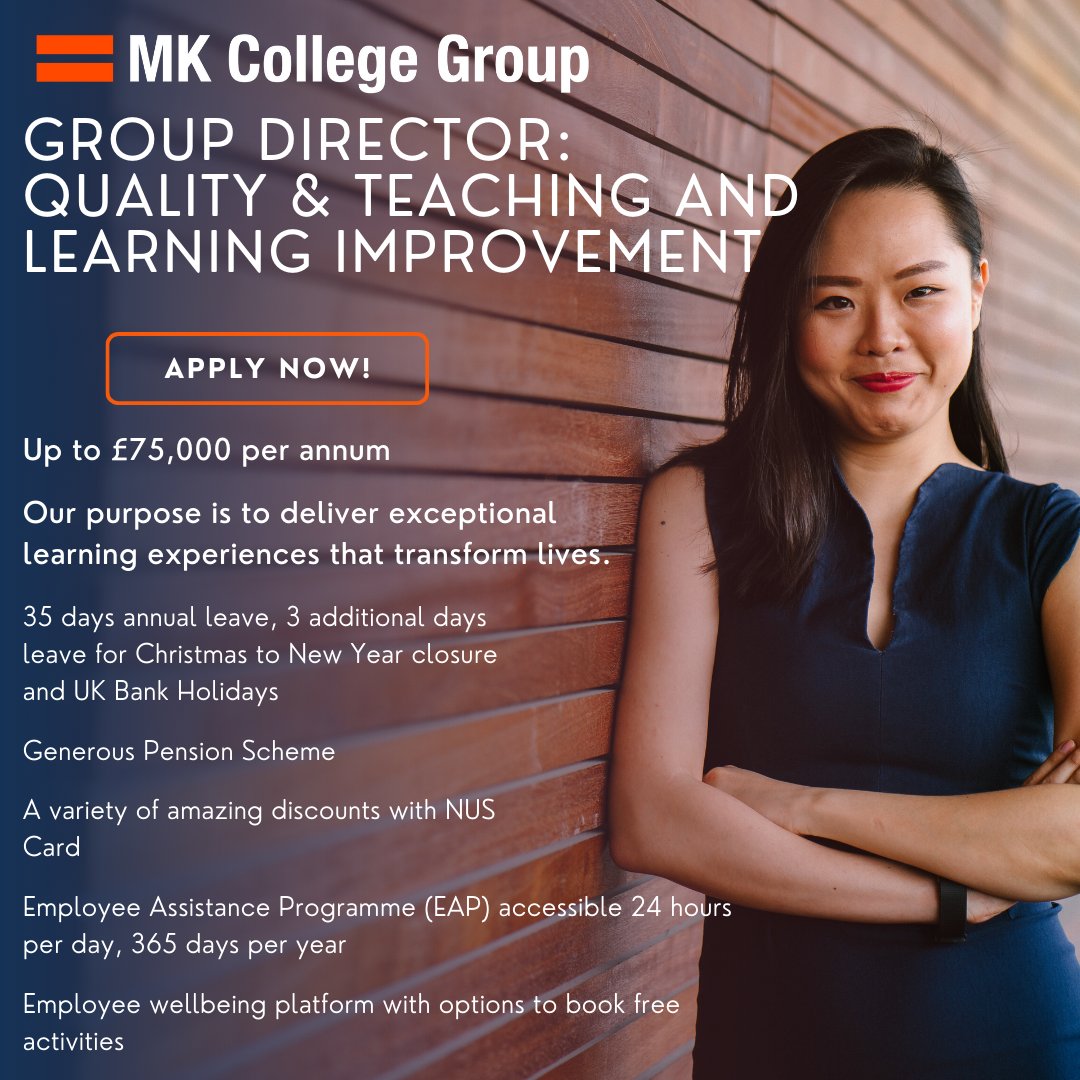 MKCollegeJobs's tweet photo. We're looking for a leader to take on this role, responsible for the Quality of provision through developing expert Teaching and Learning, championing a culture of high expectations.

https://t.co/aduEjiBsl0

#joinmkcollege
#director
#teaching
#quality
#FastForwardFriday https://t.co/IA32jM6CFU