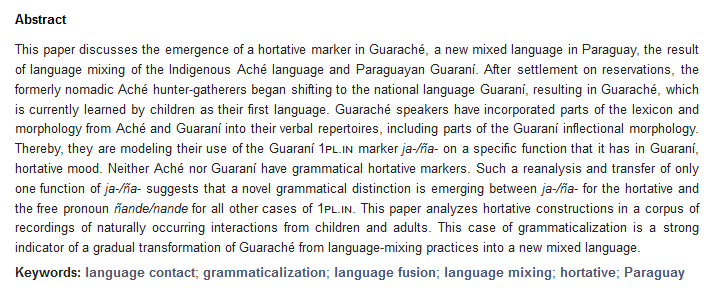 Languages_MDPI's tweet photo. #Languages #OpenAccess  Article

"Grammaticalization, Language Contact, and the Emergence of a Hortative in Guaraché, a New Mixed Language in Paraguay"

Full Text: https://t.co/a54OlIKyO8
Related Special Issue: https://t.co/anupN3ygfO

#grammaticalization https://t.co/GoqCoBnzqx