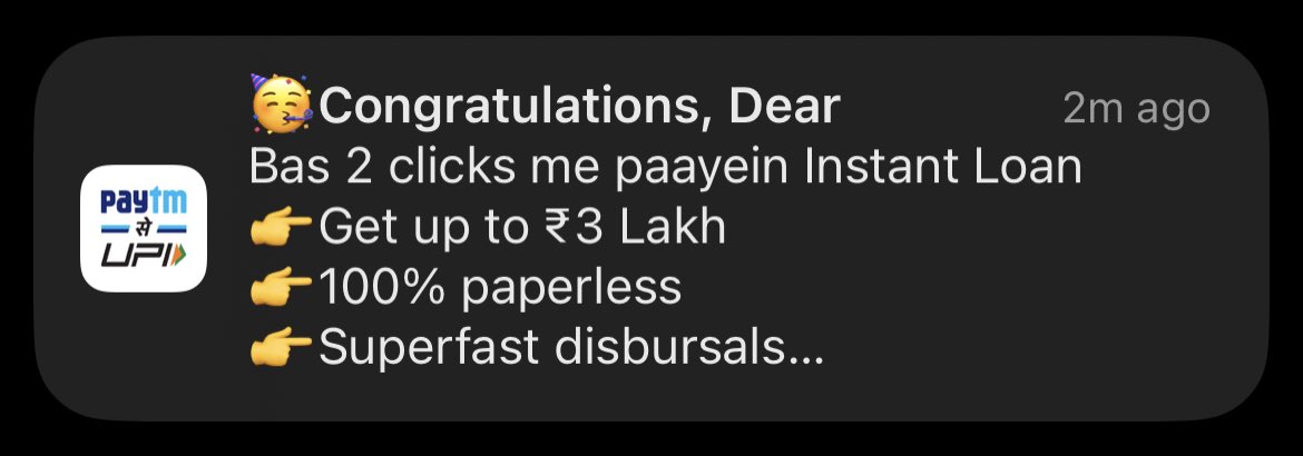 Hey @Paytm @Paytmcare, I don’t need any type of loan, why I get notifications about loan stuffs? Not now only, getting same throughout the day!
#loanscam 
#paytm