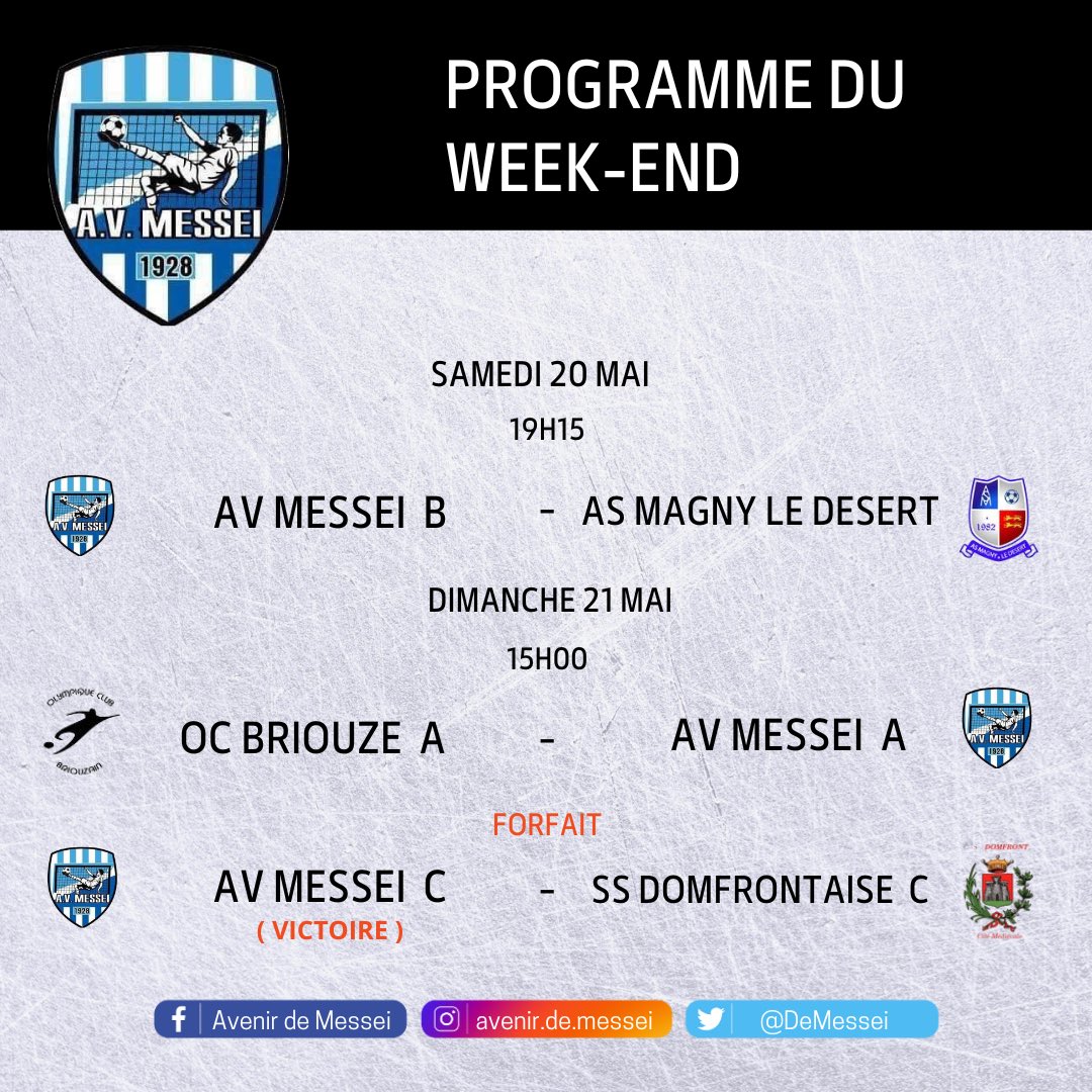 🔵⚪️ PROGRAMME DU WEEK-END ⚪️🔵

L'équipe B recevra samedi soir Magny le Désert, puis l'équipe A se déplacera à Briouze. Pour ce qui est de l'équipe C, pas de match suite au forfait de Domfront ! ⚽️