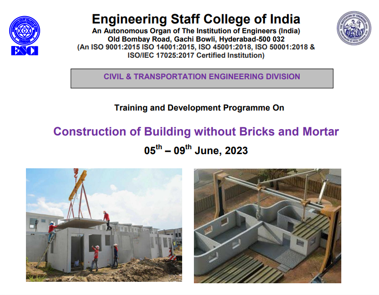 ESCIHyd's tweet photo. Training Programme on "Construction of Building without Bricks and Mortar" from 05 - 09 June, 2023
For more details please click on the link:
https://t.co/RudTehErlf
#trainingcourse #trainingprovider #training #escihyd #planning #designing #construction #buildings #withoutbricks https://t.co/w6tc7kKGQn