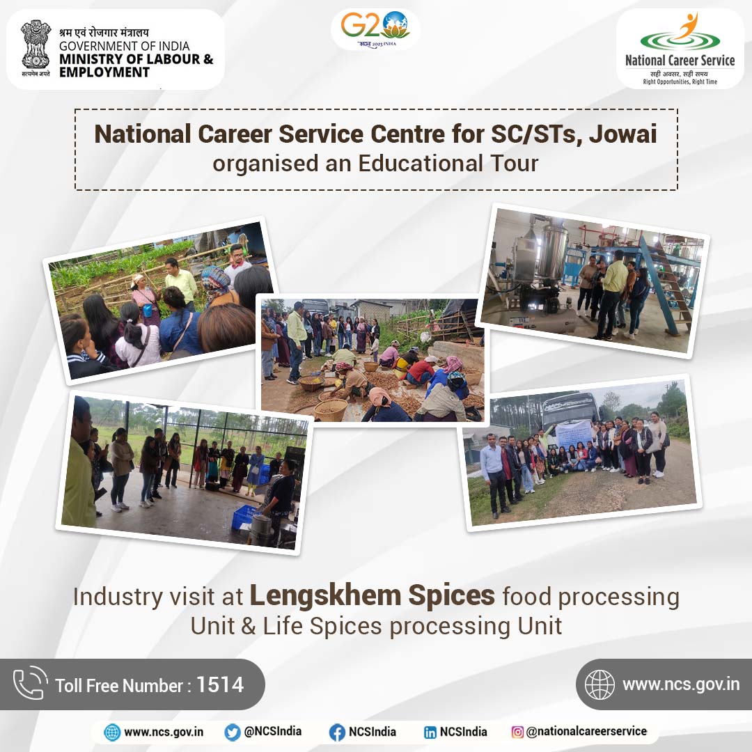 NCSIndia's tweet photo. National Career Service Centre for SC/STs, Jowai organised an Educational Tour with Industry visit to the Lengskhem Spices food processing Unit & Life Spices Processing Unit.
@mygovindia @LabourMinistry #NationalCareerService #MoLEIndia #Jobs #jobevent #jobsinindia #jobfairs https://t.co/9V1SDztVzg