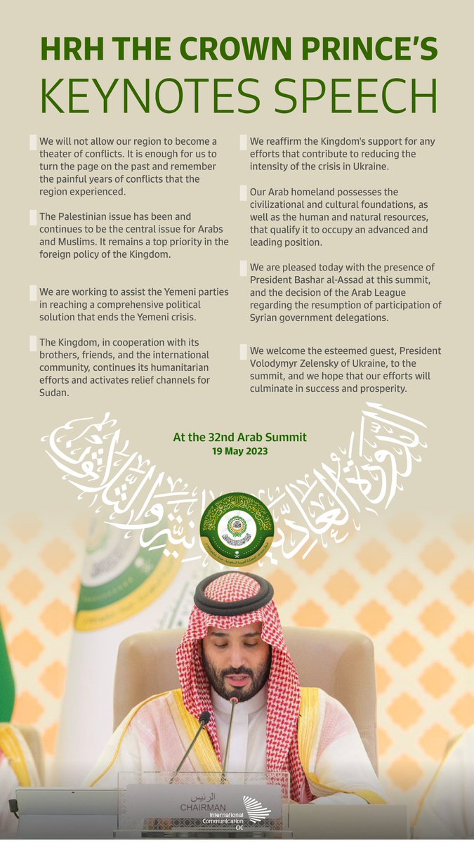 “We are committed to peace, prosperity, cooperation, and development that serve the interests of our peoples”, affirms HRH the Crown Prince at the 32nd Arab Summit today.