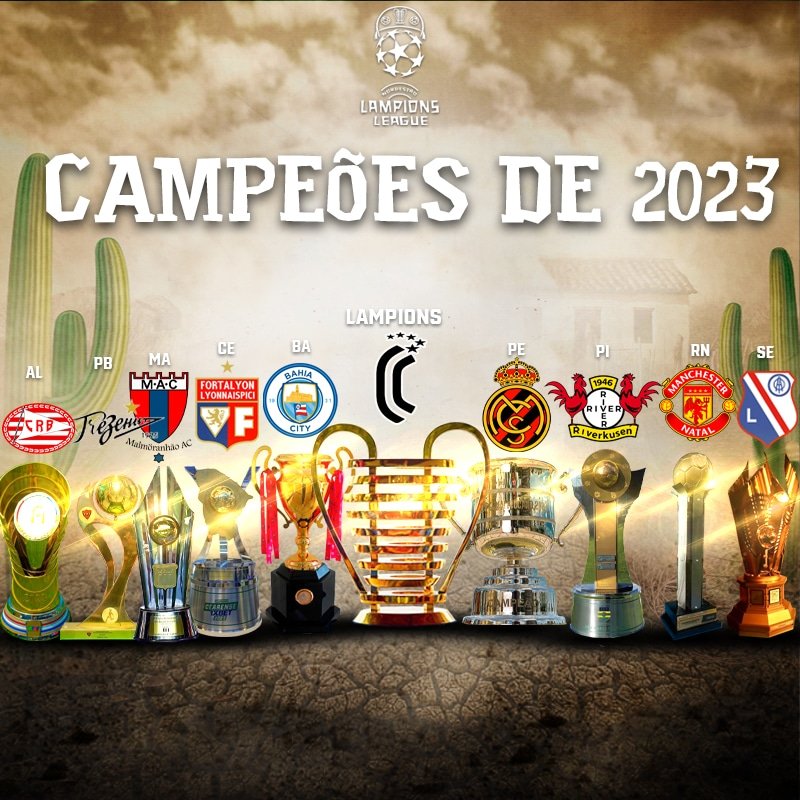 league_lampions's tweet photo. Os campeões de 2023 estão aí. Seu time foi campeão? Parabéns aos campeões 🏆
#crboficial #trezefc #maranhãoac #fortalezaec #ecbahia #cearásc #sportrecife #riverpi #americarn #itabaiana https://t.co/I8e9hKKTmY