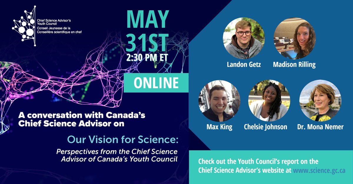 ChiefSciCan's tweet image. Join me and the outgoing members of my inaugural Youth Council on May 31 @ 2:30 p.m. ET
as we discuss their "Our Vision for Science" report. There will be lots of time for your questions!

Register 👇👇👇👇
us02web.zoom.us/meeting/regist…