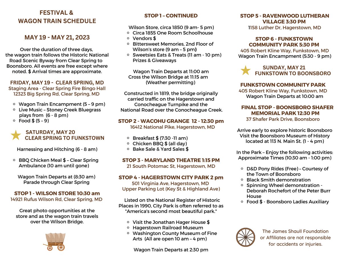 Don't forget the annual James Shaull Wagon Train Festival starts this evening. Step back in time when travel was possible by wagon and horseback on the National Road. #horses #scenicbyways #livinghistory #free #familyfun