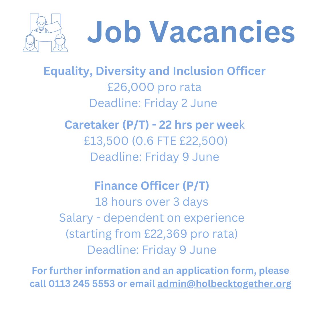 📣Three exciting roles with Holbeck Together. 📣 Please share widely and get in contact if you are interested in dicussing an application! #jobsinleeds #charityjobs #financejobleeds #EDI