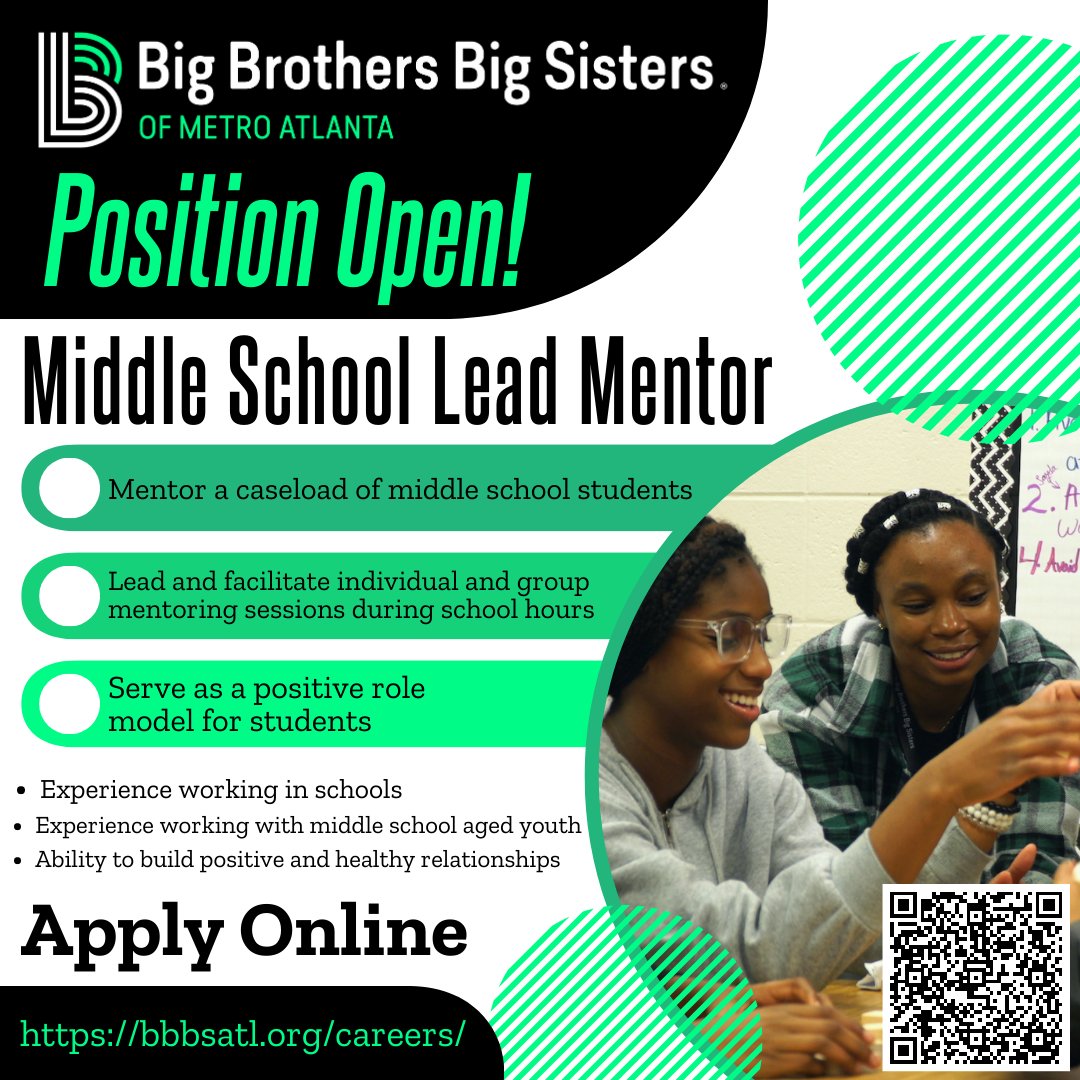 BBBSatl's tweet photo. WE'RE HIRING! If you've got experience working in schools, and want to work on building positive healthy relationships that ignite the potential of metro ATL youth - we want you to apply to be a Lead Mentor. Learn more:  #JoinTheVillage #BiggerTogether https://t.co/bzDhsfYrLd