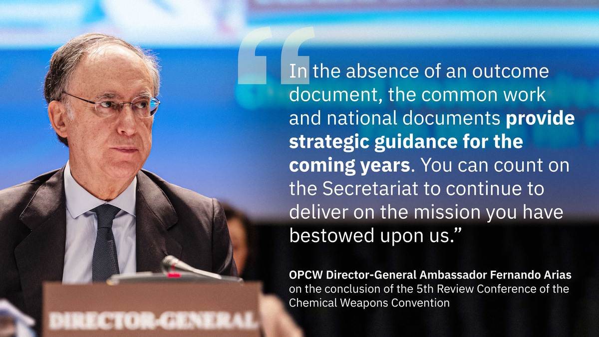 The 5th Review Conference of the #ChemicalWeaponsConvention has concluded. A final outcome document was not agreed upon by States Parties. #OPCW DG Arias expressed appreciation to #RevCon5 chairperson <a href="/henkvdKwast/">Henk Cor Van der Kwast</a> and delegations who worked tirelessly to find common ground, and