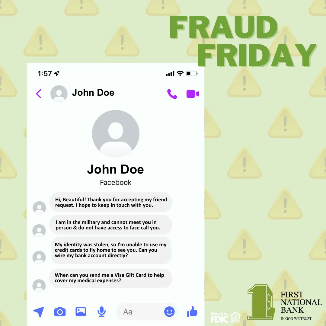 FirstNationalBk's tweet photo. Millions of people turn to online dating apps or social networking sites to meeting someone. Here are two tips to prevent this from happening to you or a loved one: 1. Go slow and ask questions 2. Don’t send money to anyone you have only communicated with online or by phone. https://t.co/jbK1Nc2C06