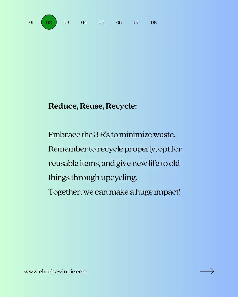 1️⃣ Reduce, Reuse, Recycle ♻️: Embrace the 3 R's to minimize waste. Remember to recycle properly, opt for reusable items, and give new life to old things through upcycling. Together, we can make a huge impact! 💚🔄 #ReduceReuseRecycle #WasteLessLiveMore