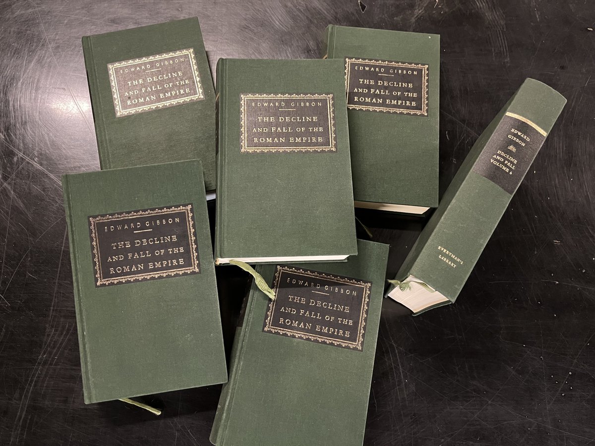 UCBookSale's tweet photo. Great bargain - 6 vol Everyman's Library Decline and Fall of the Roman Empire! Classic work of ancient Roman history, beautifully bound, great condition! Only $50. At UC Bookshop - M - Th 11 - 6; F 12 - 4 UC A102 #romanempire #usedbooks @uc_alumni @UCLibrary_UofT @UCStudentLife https://t.co/QaIWLM0054