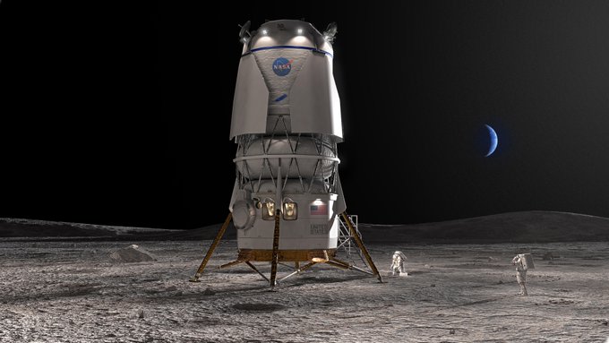 Illustration of a proposed Blue Origin spacecraft on the surface of the Moon. The spacecraft is white and stands tall with four landing struts. The top segment has a blue NASA emblem on it. Astronauts in white spacesuits are seen working on the lunar surface. A crescent blue Earth is in the background of space. Credit: Blue Origin