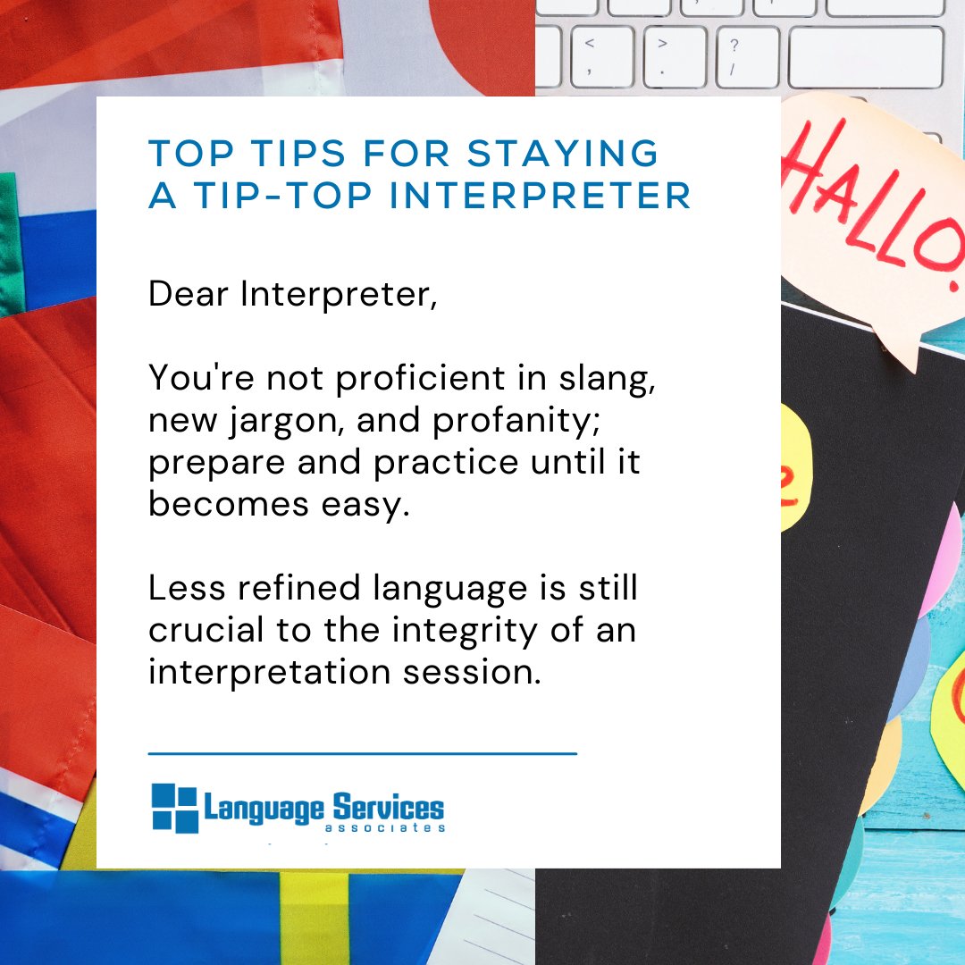 LSAWeb's tweet image. Dear Interpreter,

You&apos;re not proficient in slang, new jargon, and profanity; prepare and practice until it becomes easy. 

Less refined language is still crucial to the integrity of an interpretation session.

#InterpreterTip #Interpreter #InterpreterLife #LSP #LanguageAccess