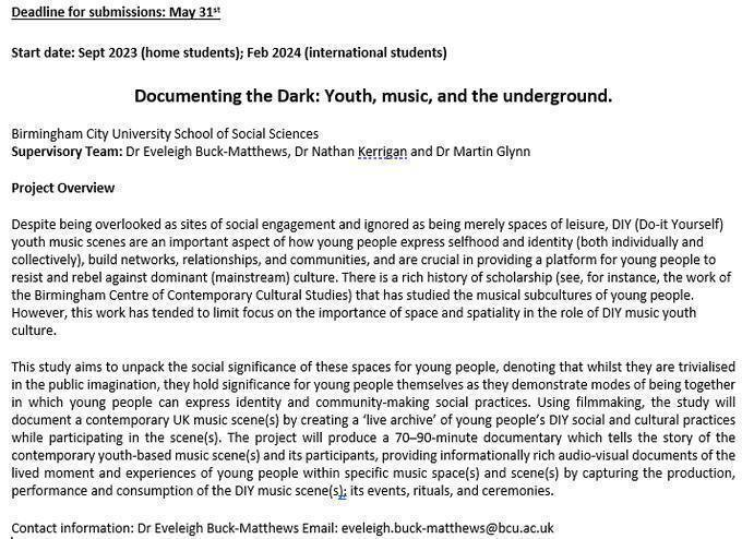 eveleigh_bm's tweet photo. #collaborative #coproduction #participatory methods welcomed on our 'Documenting the Dark: #Youth, #music and the underground' studentship @SociologyBCU. #soctwitter #critevents #critgeog #youthstudies.
Link - https://t.co/4HWkDDLc7i https://t.co/sUkfM1kdL9