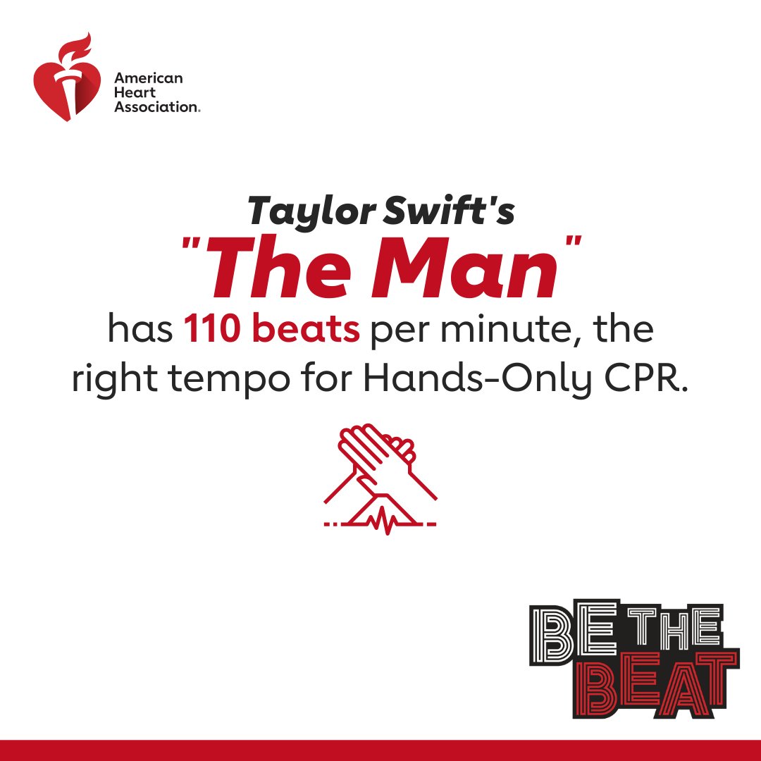 American_Heart's tweet photo. Be “The Man” who can save a life by learning the 2 steps of Hands-Only CPR. If you see a teen or adult collapse, call 911, then push hard and fast in the center of the chest. A song with 100-120 beats per minute can help you keep the right rhythm. #TSTheErasTour @taylorswift13 https://t.co/2WJ78eV0Sb
