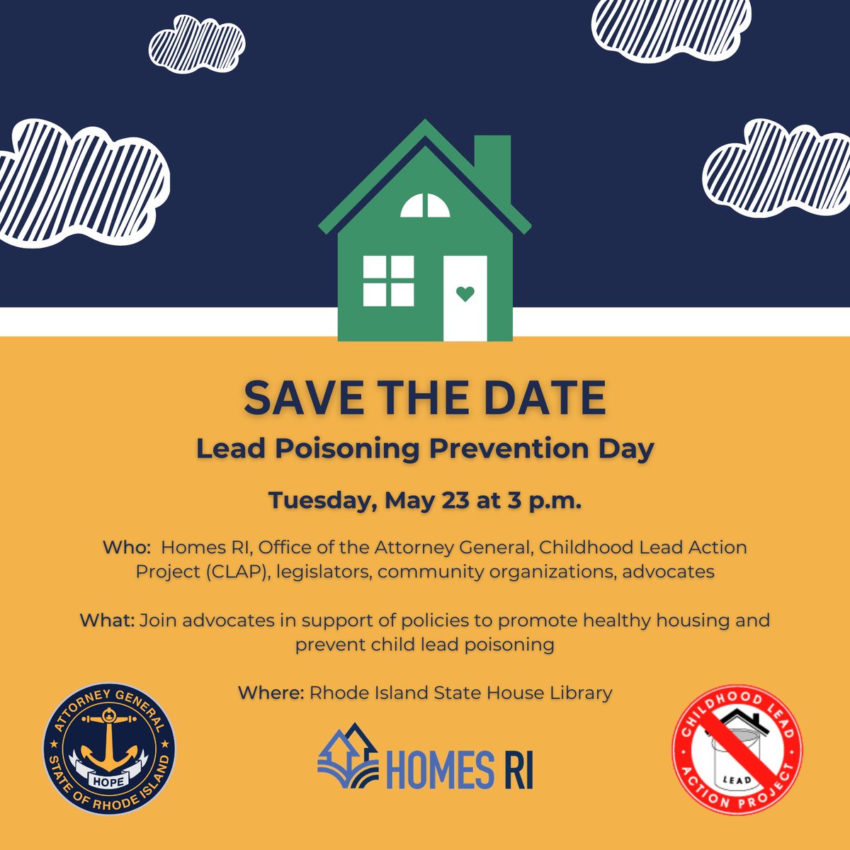 Join us at the State House on May 23 at 3:30 p.m. for Lead Poisoning Prevention Day to support and promote policies for healthier homes free of child lead poisoning! #LeadPoisoningPrevention #LeadFreeFuture #HealthyHomes #SavetheDate #HomesRI