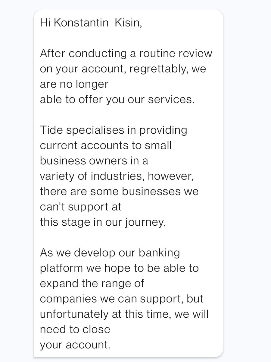 TRIGGERNOMETRY BANK ACCOUNT SHUT DOWN

Dear @OliverPrill, could you please explain why your bank, @TideBusiness, is shutting down our bank account with no explanation despite a healthy balance and transaction history?