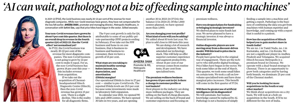 MetropolisLab's tweet photo. In an exclusive interview with @sohinidastweets of #BusinessStandard, our MD Ms. @AmeeraShah speaks on the growth in non-Covid revenue, premium wellness business, and more.

@MetropolisLab #Diagnostics #Leadingplayer #thoughtleader #Healthcare #Growth #Pathology #PremiumWellness https://t.co/hrJdQVj4Hk