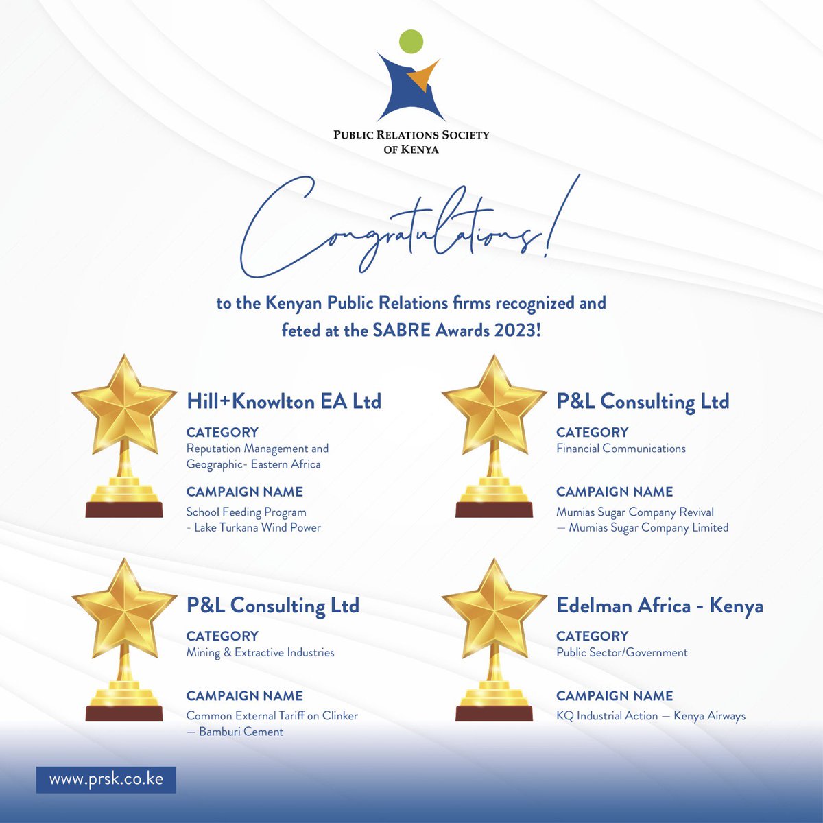 Whoop Whoop!! 🍾🥂
We are ending the week on a high! Congratulations to <a href="/hkstrategies_ke/">H+K Strategies Kenya</a>, <a href="/PnLConsulting/">P&L Consulting</a> and <a href="/EdelmanAfrica/">Edelman Africa</a>, for bagging awards at the 2023 SABRE Awards. 
Well in!👏🏾👏🏾
#TeamPR 
#PRExcellence