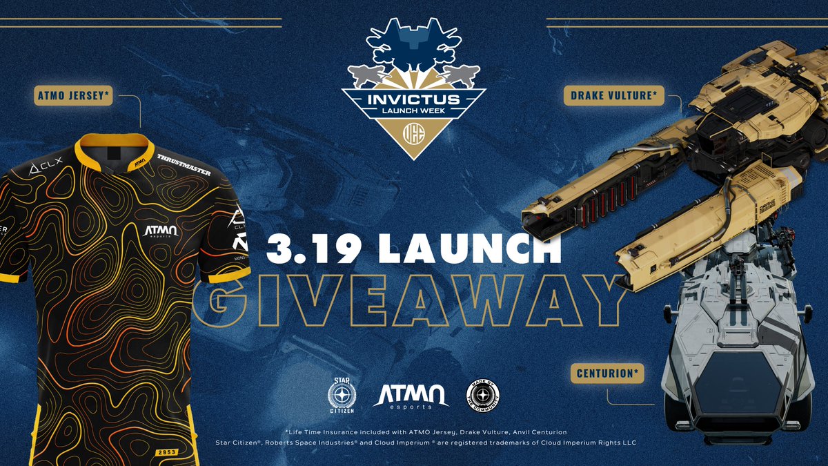 Let's celebrate 3.19 &amp; Invictus Launch Week 2953! So let's give stuff away!

Win an ATMO Jersey, Drake Vulture &amp; Anvil Centurion

HOW TO ENTER:
✅Follow <a href="/ATMOesports/">ATMO Esports</a> &amp; <a href="/RobertsSpaceInd/">Star Citizen</a>
💖Like &amp;🔁Retweet
✍️Reply with what you're most excited about in 3.19

Ends 5/22, Good Luck!