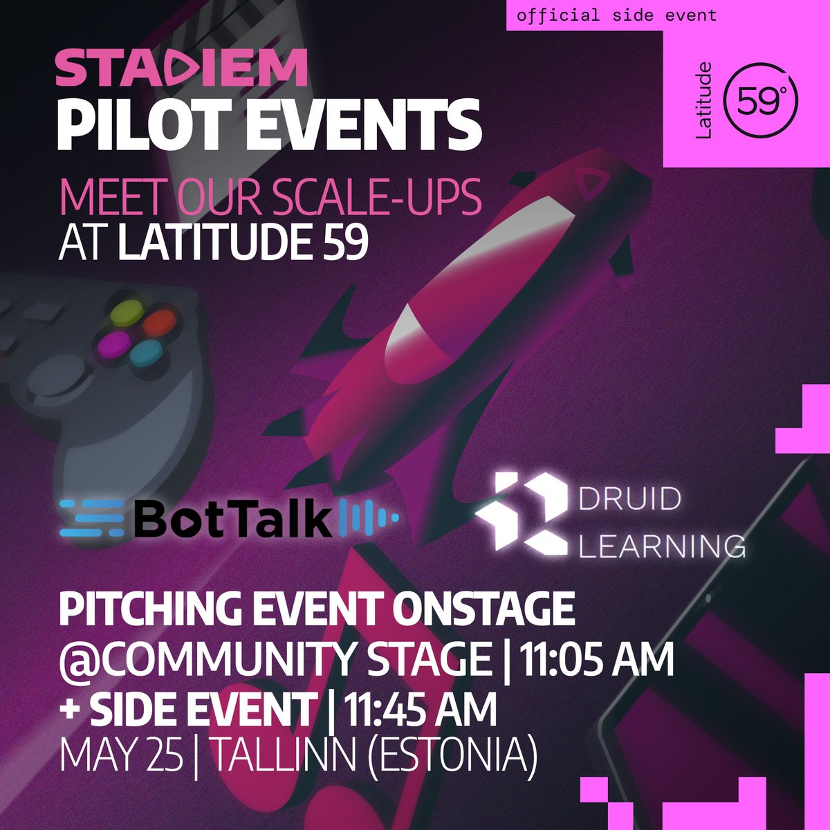STADIEM's #PilotEvents kick off on May 25 at <a href="/Latitude59/">Latitude59</a> with a #pitching event featuring our #scaleups @LtdDruid &amp; <a href="/bottalk_de/">BotTalk - Lifelike Text to Speech</a> - presented by @VRTSandbox's <a href="/PeterDePaepe/">Peter De Paepe</a> - plus a side event🚀

REGISTER NOW ➡️ buff.ly/3WkXYMw

<a href="/EU_HaDEA/">HaDEA</a> <a href="/wimvanobberghen/">wvobberg</a> <a href="/MediaCityBergen/">Media City Bergen</a>