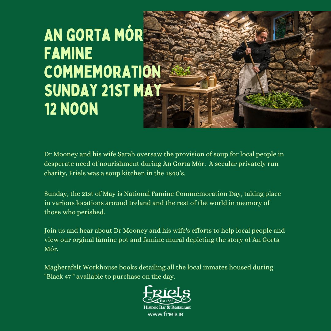 Looking forward to welcoming locals to Friels on Sunday 12noon… paying tribute to Dr Mooney and remembering his efforts of setting up the Soup Kitchen in Swatragh in 1847. #famine #black47 #angortamor #famineandfolklore #soupkitchen #friels #unwindingtime