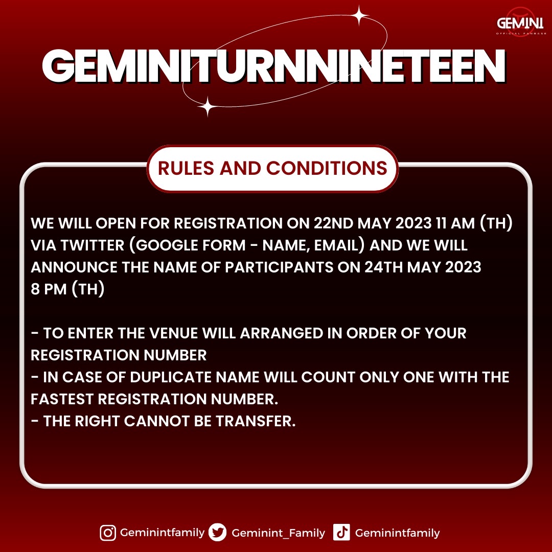 Geminint_family's tweet photo. GEMINI TURN NINETEEN

เนื่องจากทางบ้านอยากให้แฟนคลับทุกคนได้มีวันดี ๆ ร่วมกัน
เราจึงเปลี่ยนสถานที่จัดงานเป็น Union Hall 1 ,F6 และเพิ่มจำนวนผู้เข้าร่วมงานเป็น 2,000 คน

โดยทางบ้านจะเปิดให้ลงทะเบียนในวันที่ 22 พฤษภาคม 2566 เวลา 11.00 น. ทางทวิตเตอร์ (กรอก ชื่อ-นามสกุล , อีเมล์) และประกาศรายชื่อผู้เข้าร่วมงานวันที่ 24 พฤษภาคม 2566 เวลา 20.00 น.

#GeminiTurnNineteen
#Gemini19thBDProject​
#Gemini_NT #เจมีไนน์