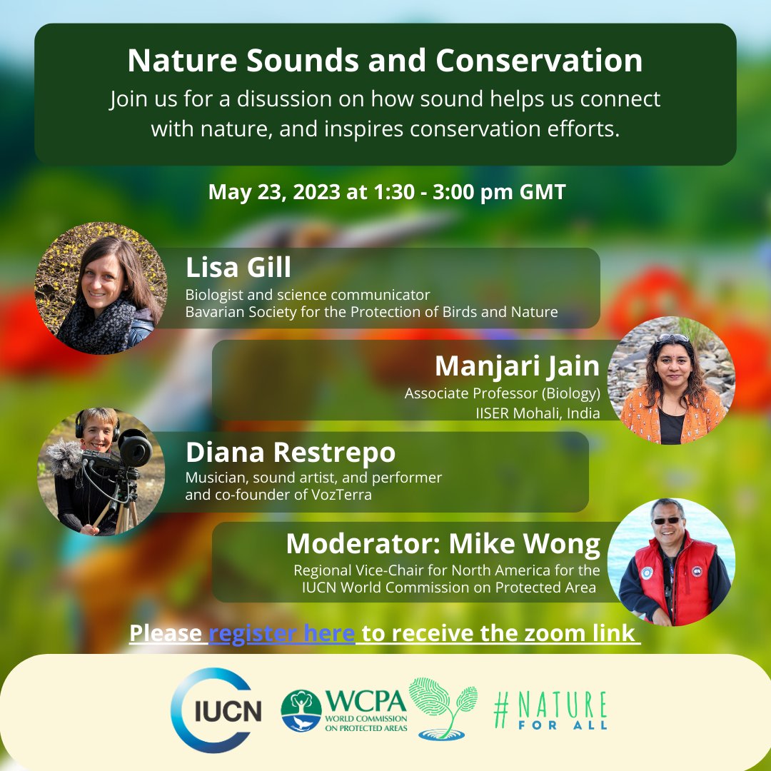 minivets's tweet image. Interested in #Bioacoustics?

Join the IUCN World Commission on Protected Areas and friends for a #NatureForAll dialogue on the importance nature sounds has on connecting us with nature, and inspiring conservation efforts.

Register here for free:
takingitglobal.zoom.us/meeting/regist…

RT 🙏