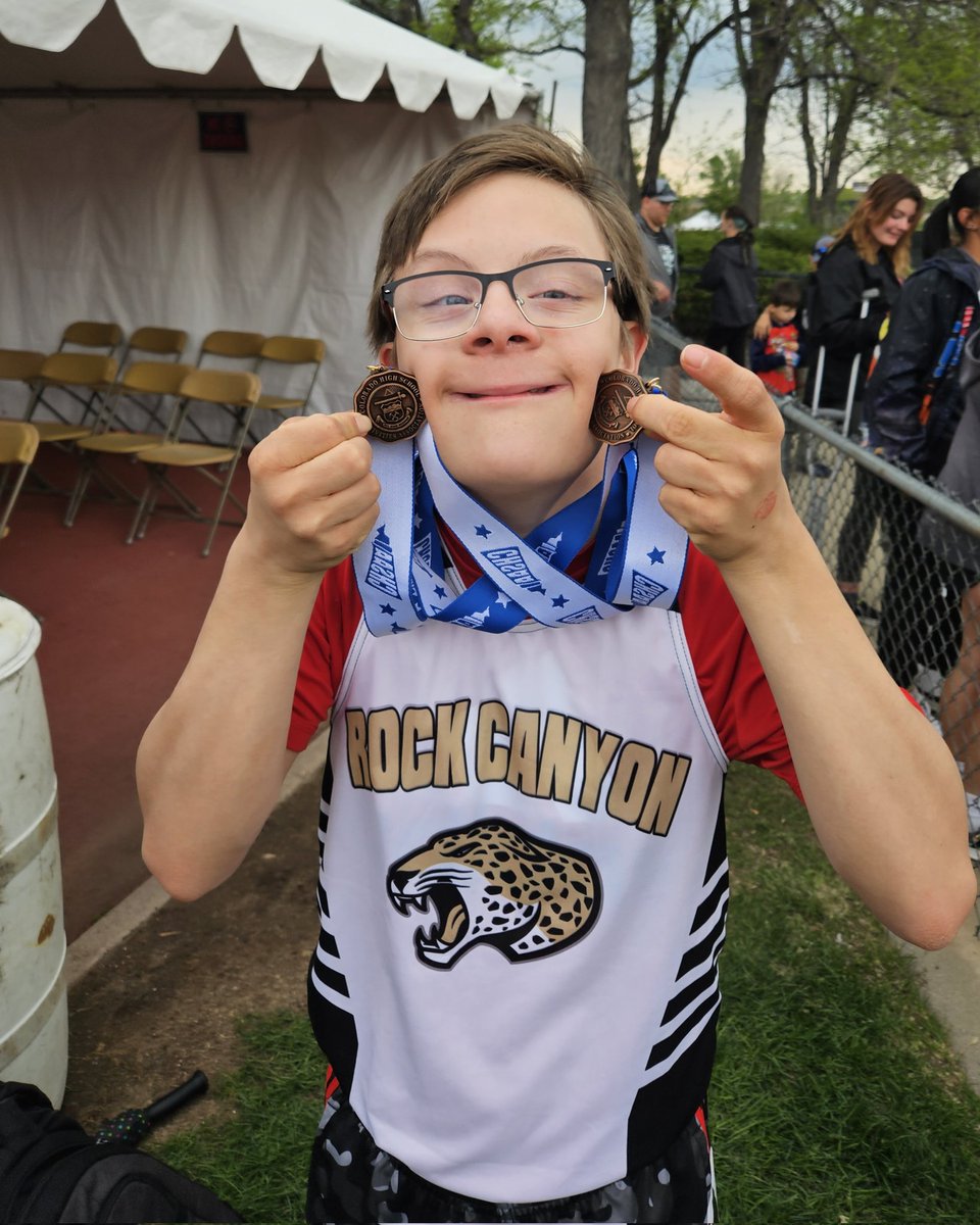 Yesterday was the 1st day of the Colorado State Track&Field Championship. Even though I coach at another school my Unified/Special Olympics Athletes come 1st. This athlete here represented in the 100m/200M @RockCanyonHS  #WeRJustLikeU #DontDisMyAbility