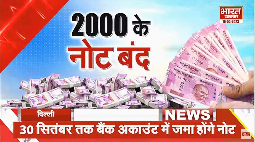 दिल्ली- देशभर की आज की सबसे बड़ी खबर, RBI अब 2000 के नोट को वापस लेगा, 2000 हजार के नए नोट अब नहीं छपेंगे-RBI, आरबीआई का 2000 के नोट को वापस लेने का फैसला, फिलहाल जो 2 हजार के नोट है वो वैध रहेंगे, RBI ने बैंकों को 2 हजार के नोट रोकने को कहा, 2000 के नोट के सर्कुलेशन पर रोक लगी।
