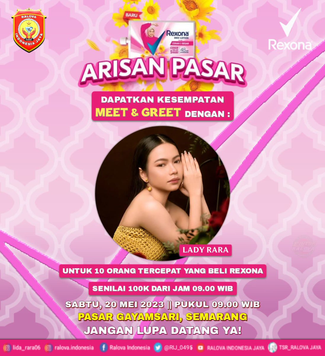 ralova_ntb's tweet photo. Assalamu'alaikum Wr,Wb.🙏
Yuk kakak-Kakak #Ralova Besok Pagi Saksikan “REXONA - ARISAN PASAR ” Acara pagi dan Meet &amp; Greet bareng kesayangan kita @lida_rara06 dan seru-seruan bareng di Pasar Gayamsari Semarang 

Pokonya Stay Tune besok pagi, Sabtu, 20 Mei 2023 || Pukul 09.00 WIB. https://t.co/4DnQd7vJYU
