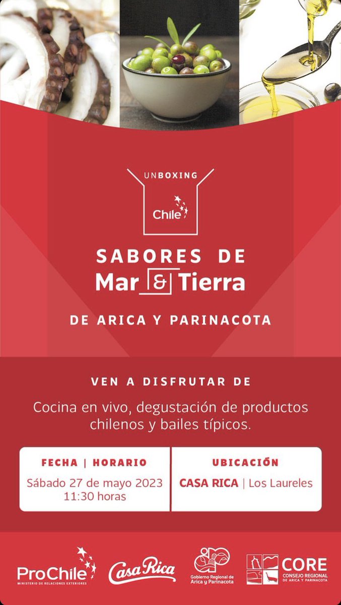 ProChile Paraguay (@prochile_py) on Twitter photo #SaboresdeMaryTierra degustación de alimentos y bebidas de Chile 🇨🇱, con cocina en vivo y bailes típicos. <a href="/casaricapy/">Casa Rica</a> Los Laureles. Sábado 27 de mayo, 11:30. Abierto a todo público <a href="/ProChile/">ProChile</a> <a href="/ProChile_Arica/">ProChile Arica</a> <a href="/EmbaChilePar/">Embajada de Chile en Paraguay</a> <a href="/GoreAyP/">Gobierno Regional de Arica y Parinacota</a> #SaboresdeMaryTierra degustación de alimentos y bebidas de Chile 🇨🇱, con cocina en vivo y bailes típicos. <a href="/casaricapy/">Casa Rica</a> Los Laureles. Sábado 27 de mayo, 11:30. Abierto a todo público <a href="/ProChile/">ProChile</a> <a href="/ProChile_Arica/">ProChile Arica</a> <a href="/EmbaChilePar/">Embajada de Chile en Paraguay</a> <a href="/GoreAyP/">Gobierno Regional de Arica y Parinacota</a>