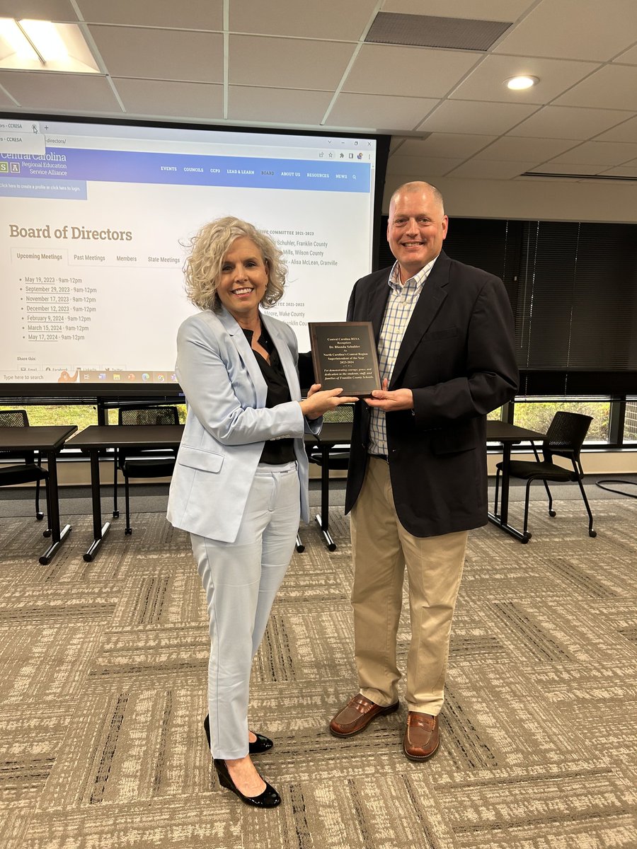 FCSchoolsNC's tweet image. Dr. Rhonda Schuhler, Superintendent of Franklin County Schools selected as the Central Carolina RESA "Superintendent of the Year" in a ceremony this morning. Read the full press release here: bit.ly/3IpZlUt