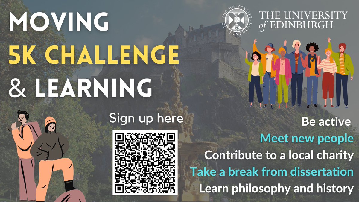 Take a #break from studying with this 5km per day challenge!

You can walk, run, swim, or dance for 5km or an equivalent number of steps!
This challenge runs from 27 May until 23 June.

Open to all UoEd students - edin.ac/3MihWDm
Take this challenge on ANYWHERE!
