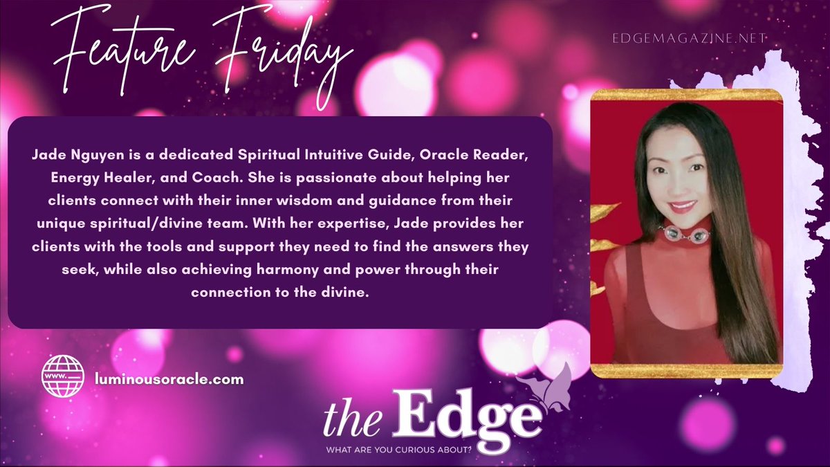 theEdgeMagazine's tweet photo. Unleash your #curiosity and connect with your inner wisdom and guidance through Jade Nguyen's services including guided meditations with activation, oracle card readings, and Chakra aligning. https://t.co/cb9tEGm5oj #LuminousOracle #SpiritualGuide #EnergyHealing https://t.co/QTGHh46NPO