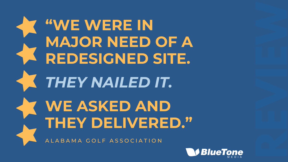 BlueToneMedia03's tweet photo. We can't express how grateful we are for this review from the Alabama Golf Association! 🏌️‍♀️🏌️‍♂️ 
 ⭐ ⭐ ⭐ ⭐ ⭐
Your kind words about our services mean the world to us, and we're thrilled that we were able to exceed your expectations. 🤩
#BlueToneMedia #BTMReviews #5StarFriday https://t.co/DiIwomhopY