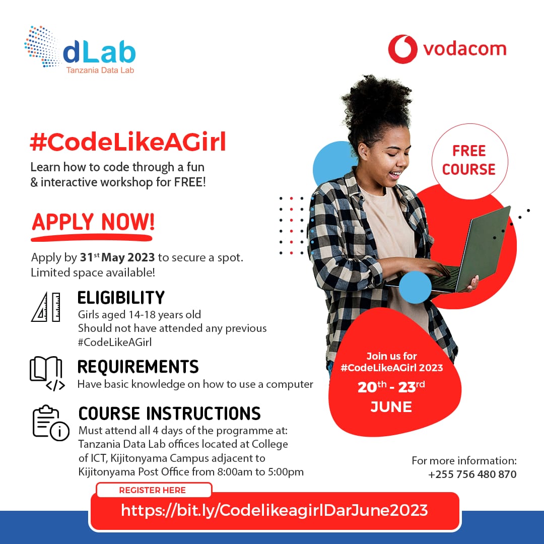 Opportunity for girls in Dar es Salaam📌

Application link below👇
bit.ly/CodelikeagirlD… <a href="/dLabTz/">dLab Tanzania</a>