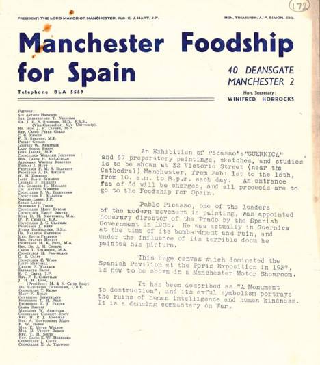 Civil_War_Spain's tweet photo. The last time Picasso’s Guernica was seen in UK was in car showroom in Manchester in early 1939. This leaflet announces the exhibition by Manchester Foodship for Spain campaign, With the Republic on the verge of defeat the thousands of pounds raised was sent to Spanish refugees. https://t.co/8DtievfoiS