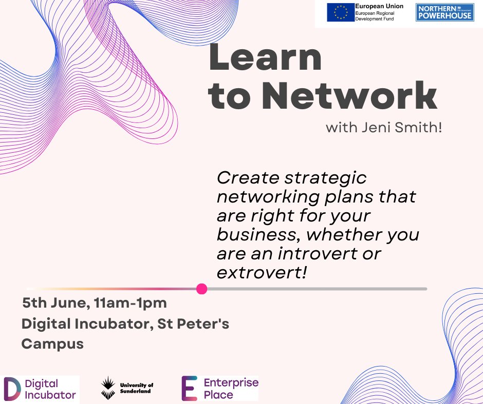 UoS_Digital_Inc's tweet photo. We are re-running our workshop with Jeni Smith – Learn to Network, with confidence. This will be held at The Digital Incubator, St Peter’s Campus, Monday 5th June 11am-1pm. If you would like to attend email enterprise@sunderland.ac.uk https://t.co/M5qYVgyZzZ