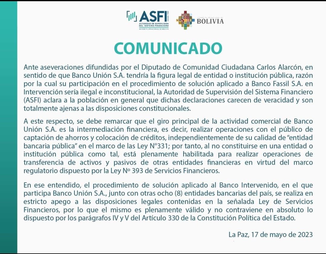 La ASFI en un comunicado que pretende desmentirme, no dice la verdad sobre la prohibición constitucional para que el Banco Unión reconozca deudas del Banco Fassil.