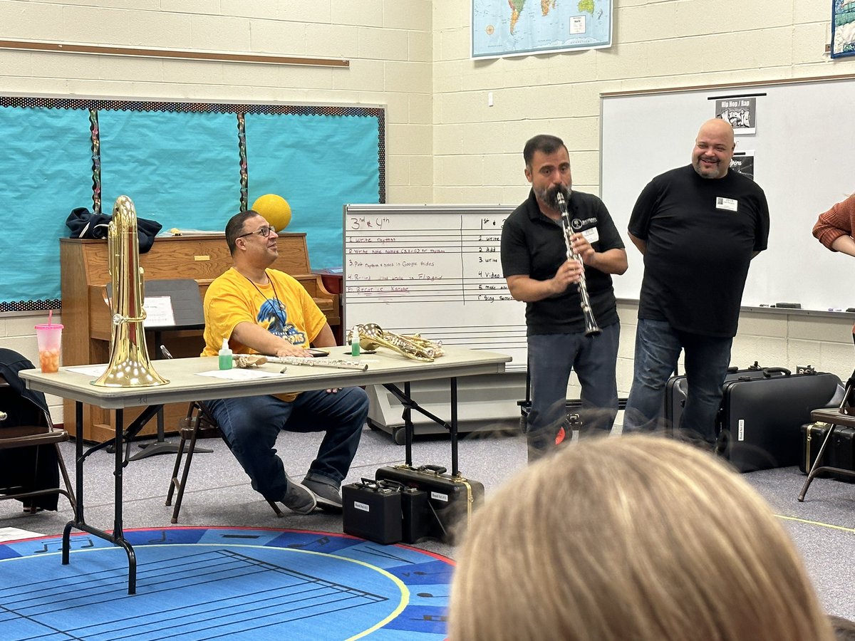 Discover_MV's tweet photo. Fourth graders enjoyed their visit from the Frederick band directors today.  They got to try out instruments they may want to play next year in band!  Future Musicians of Grayslake! https://t.co/rDqtidDslR