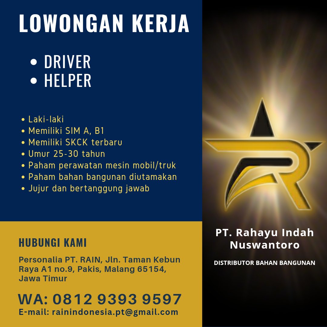 PTRain_Ind's tweet photo. Lowongan kerja ini dibuka mulai tgl. 20 - 27 Mei 2023. Silakan kirim permohonan kerja + foto + data diri anda ke WA 0812 9393 9597, atau e-mail rainindonesia.pt@gmail.com, atau bawa langsung ke alamat kantor kami. Segala pertanyaan dan informasi tambahan via Whatsapp, ya 🙏🏻 https://t.co/a2YomgDTDT