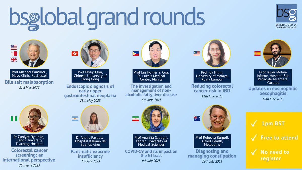 Don't forget the first episode of our @BSGInternatnl Global Grand Rounds launches this Sunday at 1pm BST. This webinar series aims to cover the SCE curriculum with renowned speakers from across the globe giving an international perspective on common #gastro conditions.