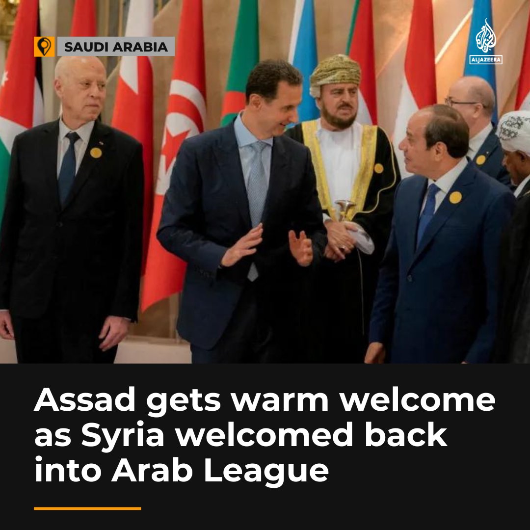 AJEnglish's tweet photo. After more than a decade of isolation, Bashar al-Assad, the president of war-torn Syria, has been welcomed back into the Arab League.

🔗: https://t.co/i9xpdUZ1iW https://t.co/fZ143CmTGa