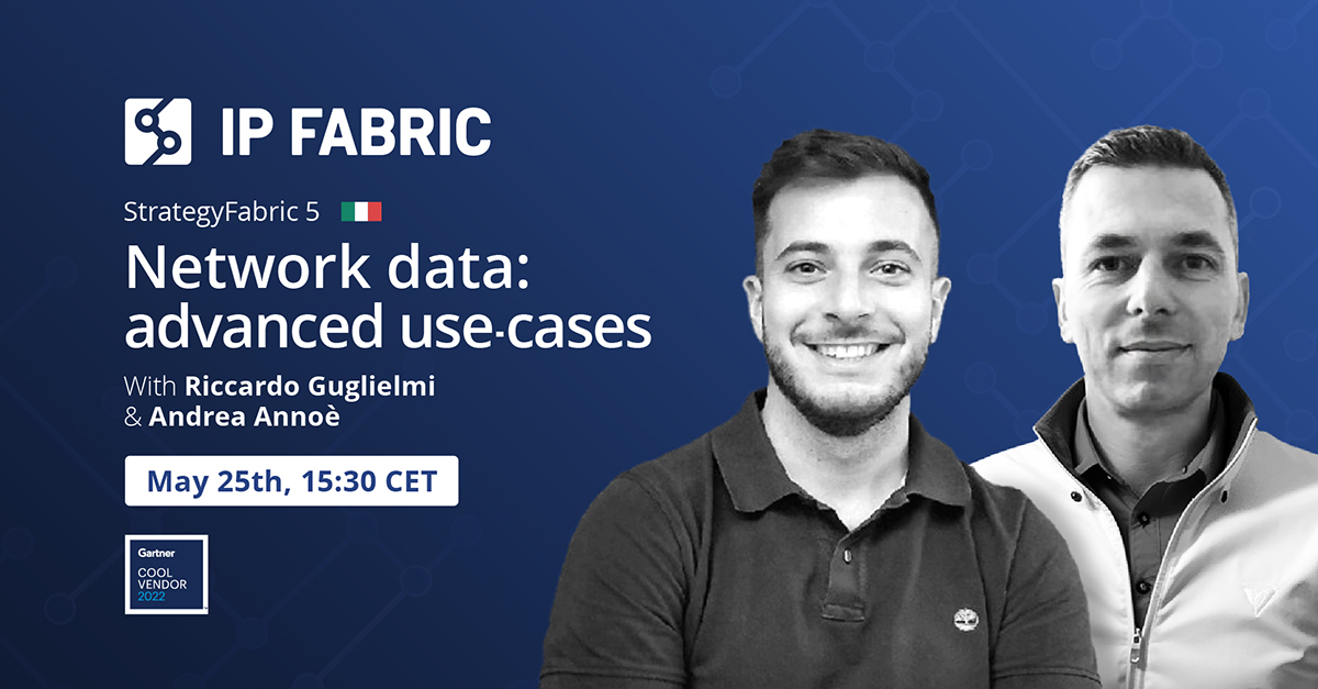 IPFabric's tweet image. AIRING NEXT WEEK:

Tune in for a special Italian-language episode of #StrategyFabric 5!

Riccardo Guglielmi will sit down with Andrea Annoe from our partners at Kirey Group to discuss some advanced use cases for valuable network data!

#NetworkAssurance #NetworkData