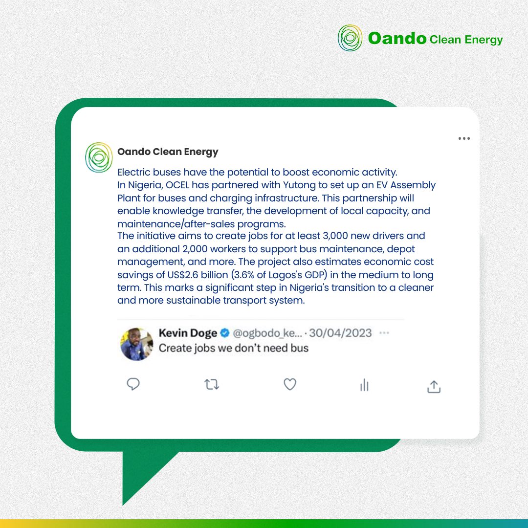 Oando_PLC's tweet photo. The introduction of our EV Buses has the potential to create at least 5,000 jobs, including drivers and other workers! 

#CleanEnergy #ElectricBuses #Sustainability #NigeriaEnergyTransitionPlan #OandoCleanEnergyLimited https://t.co/N9bb9UVg1X